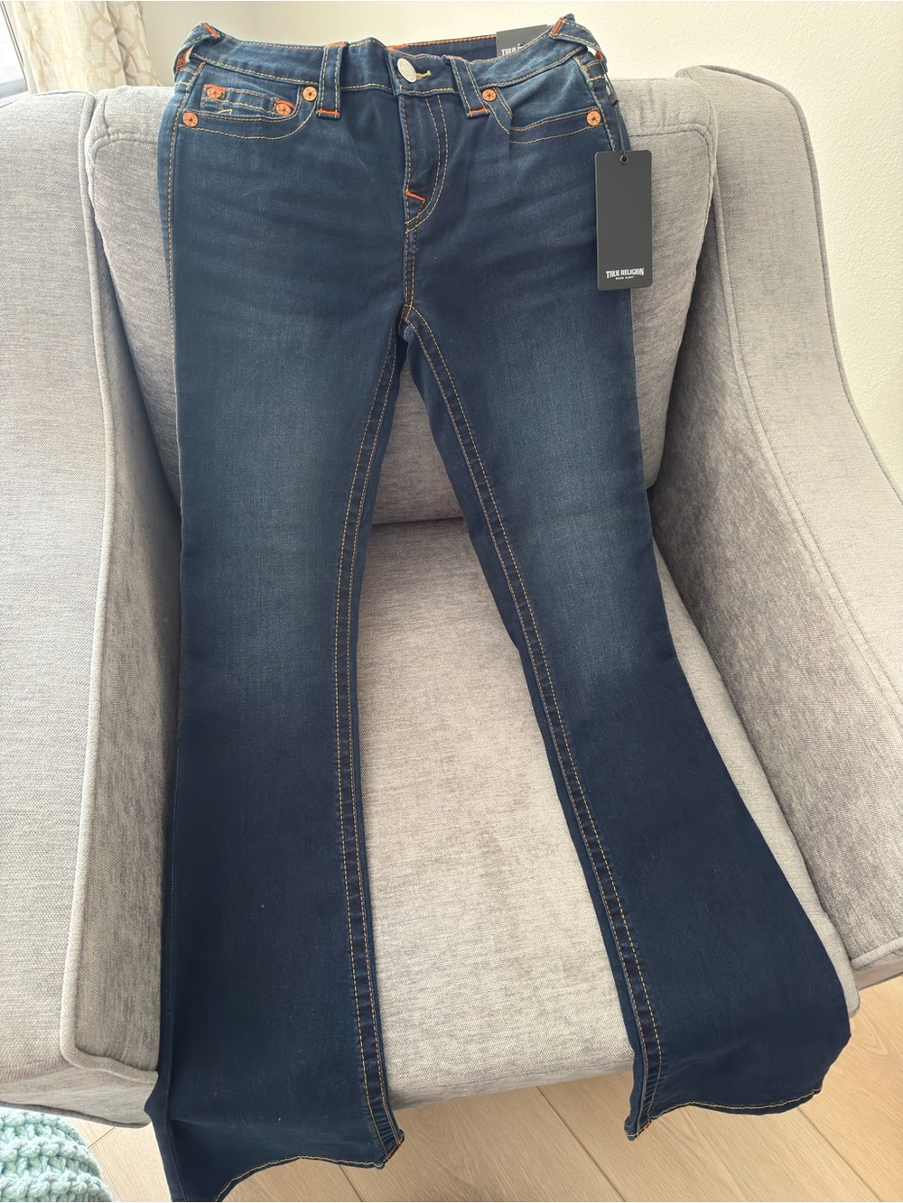 True Religion Dark Indigo Flare Jeans with Contrast Topstitching
